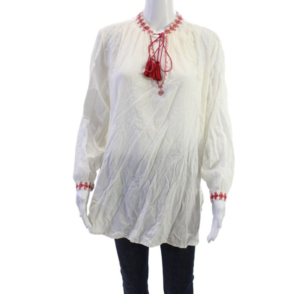 Starmela Women Bohemian Cotton Tunic Long Sleeve Drawstring White Size S